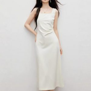Spring women's three-dimensional press-pleated waist-closed square collar pullover vest dress