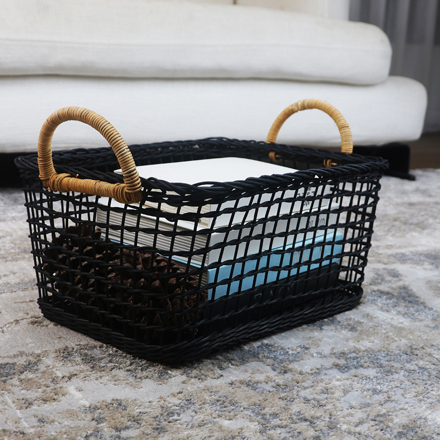 Natural rattan storage basket Indonesian rattan woven hollow handle basket fruit bread storage basket