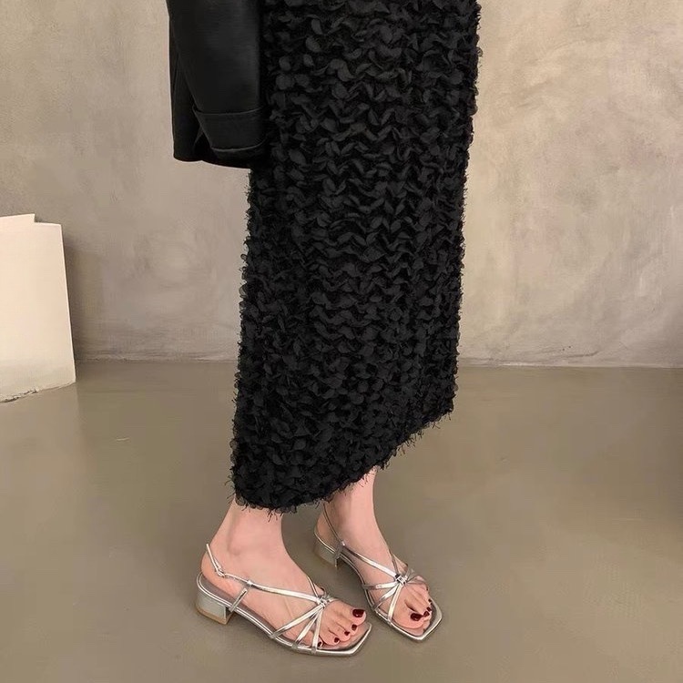 French evening wind thick heel silver sandals simple shoes summer skirt fairy shoes high heel sandals